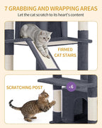 Hzuaneri Large Cat Tree, 72 Inch Tall Multi-Level Cat Tower for Indoor Cats | Cat Condo Furniture with 6 with Sisal Scratching Posts, 2 Large Platforms, 2 Cats House, Hanging Basket, Dark Gray MS18318SG