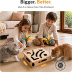 Cat Nail File Box – XL Wooden Cat Scratch Box with Built-in Nail Filing Pad, Interactive Puzzle Toy with 4 Bell Balls & 2 Feather Teasers, Claw Saver Box for Indoor Cats & Kittens
