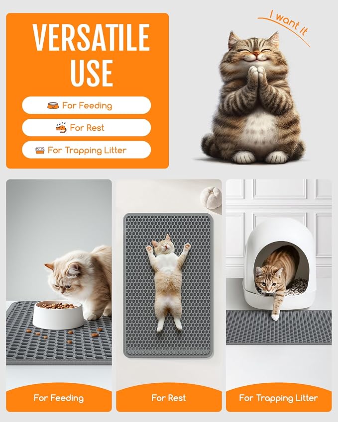 Powools Cat Litter Mat, Double-Layer, 23.2 x 14.6 in, Urine-Proof, Grey | Non-Slip Litter Trapping Mat, Easy to Clean, Kitty Litter Mats for Floor, Scatter Control, Waterproof Litter Box Mat for Cats