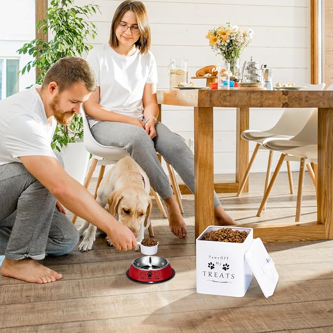 Meraki Home Small Dog Food Container and Dog Treats Container - Tight Lids - Feed Scoop and Pet Food Bowl - Farmhouse Metal Storage Bin - Glossy White
