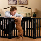 LZRS Wooden Free Standing Dog Gate 80" W x 24" H, Foldable Solid Hardwood Pet Safety Fence for House Doorways, Stairs, Hallways, Step-Over Pet Barrier, No Drill Easy Setup, Black