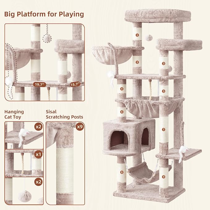 Gitelsnour Cat Tree, 63'' Cat Tower for Large Cats, Big Hammock GCT020MU | Cat Condo, Cat Scratching Posts for Indoor Adult Cats, 4 Platforms（ 2 Big 2 Small）, 2 Baskets, Sisal Rope, 4 Toys, Mushroom