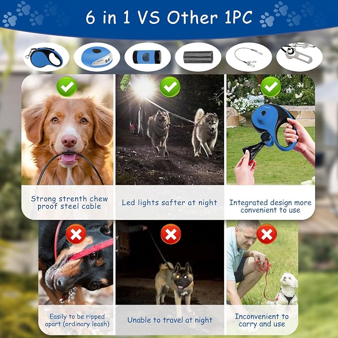 26Ft Retractable Dog Leash - for Dog Up to 110lbs, Tangle Free Walking Leash with Chew Proof Cable | LED Light | Dispenser | Poop Bags, Quick Lock Braking & Non-Slip Handle (Blue)