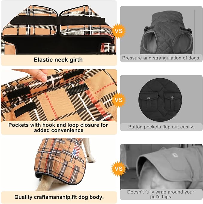 BEAUTYZOO Dog Winter Coat for Large Dogs Waterproof, Warm Reflective Great Dane Oxford Canvas Jacket, Fleece Dog Cold Weather Coats Windproof for Female Male Dogs, Khaki Plaid L