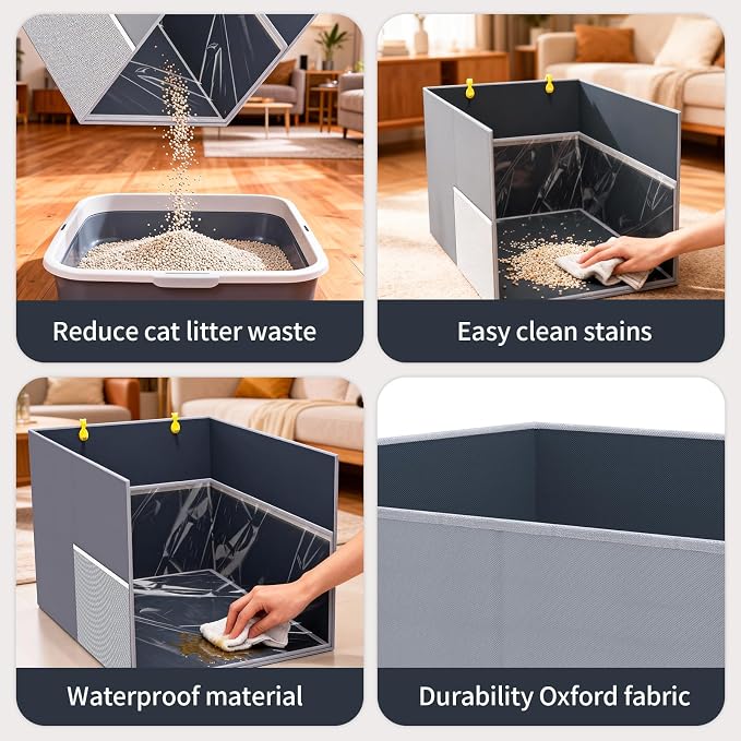 Aokeyee Waterproof Cat Litter Box Enclosure Splash Guard, 27"x22"x17" | Removable PVC Mat with 2 Hooks, Foldable Anti-Leakage Dust Control