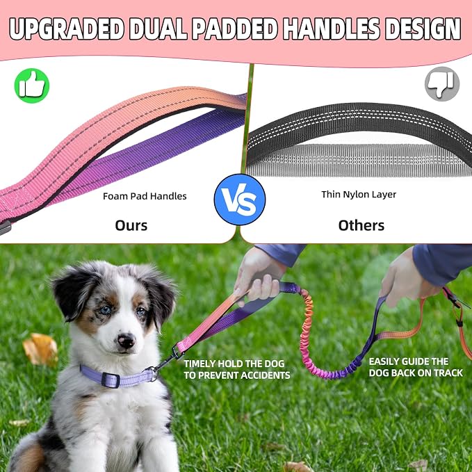 Roses&Poetry Hands Free Dog Leash with Zipper Pouch, 6-9ft Bungee Waist Leash for Medium Large Dogs Walking, Running Lead with Dual Padded Handles Car Safety Buckle for Training Jogging