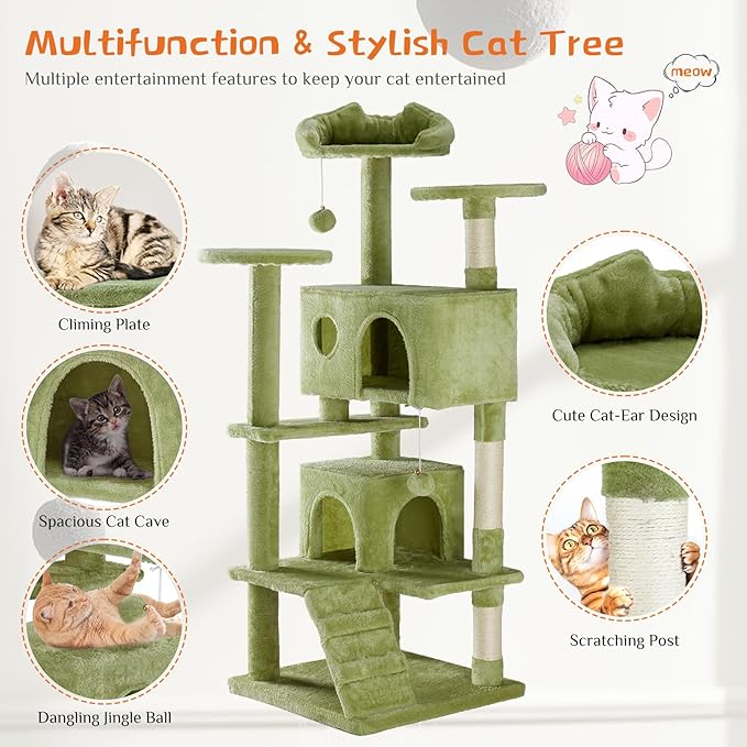 Sweetcrispy 54-inch Indoor Cat Tree Tower with Scratching Posts, Green | Multi-Level Indoor Cat Tree Condo with Climbing Ladder, Plush Toy, Play House for Kitten