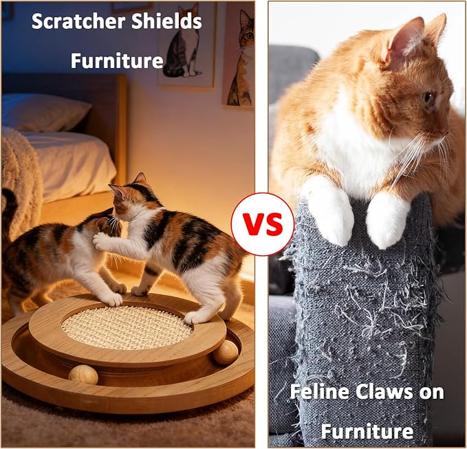 Sisal Cat Scratch Pad with Ball Track Round Wooden Cat Scratchers | Cat Scratching Board for Indoor Small Cats and Kitten Scratching Chasing Playing