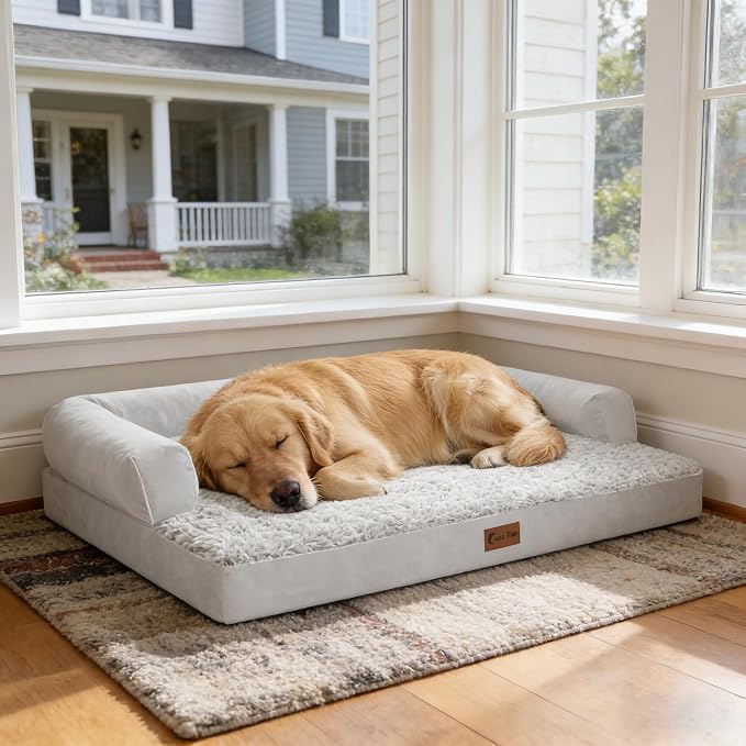 Orthopedic Washable Dog Bed for Medium Dogs, 35x22in, Grey White | Orthopedic Foam Relieves Joint Pressure, Bolsters Supports Head And Neck, Washable Cover, Non-Slip Bottom
