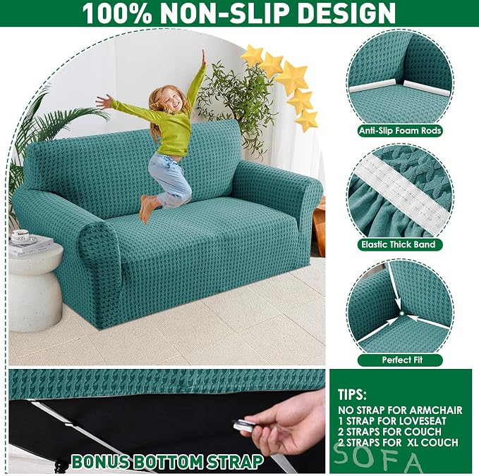 MAXIJIN Stretch Loveseat Couch Cover for 2 Cushion Couch (55"-69" Washable Sofa Slipcovers with Non-Slip Foam & Elastic Strap, Dog Cat Pet Friendly Furniture Protector (Medium, Peacock Blue)