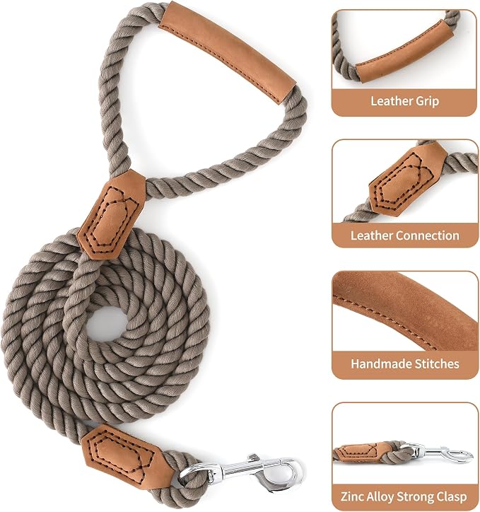 Mile High Life Dog Leash Braided Cotton Rope w/Leather-Wrapped Ends/Handle | Rust-proof 360° swivel clasp, Heavy-duty for medium/large breeds. Great for weddings, daily walks (4 FT, 1/2", Black)