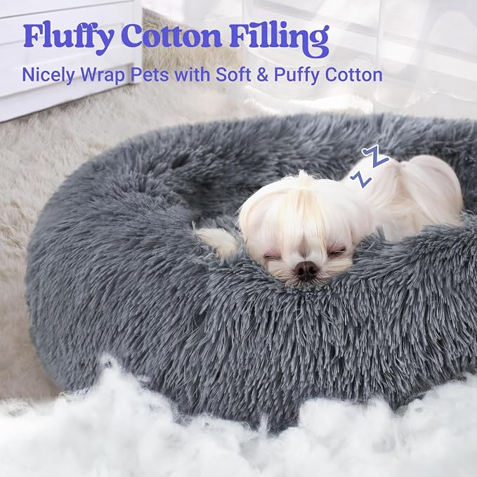 rabbitgoo Calming Cat Beds for Indoor Cats, 23 inches, Dark Grey | Soft Warm Donut, Fluffy Faux Fur, Supportive Raised Rim, Anti-slip, Machine Washable, Up to 25lbs Cats & Small Dogs