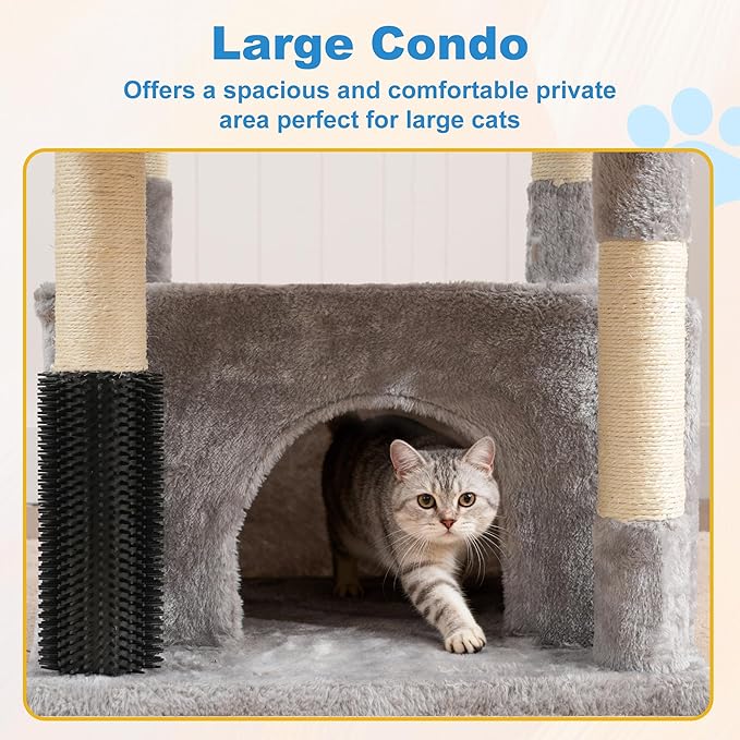 Hey-brother Cat Tree Tower with Large Platform, Spacious Condo, MPJ060W | 35.4 Inches, 2 Cozy Hammocks, Self-Grooming Brush, Sisal Scratching Posts for Big Indoor Adult, Maine Coon, Light Gray