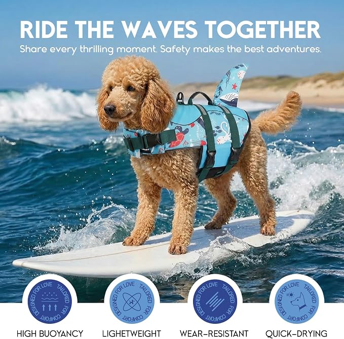 ASENKU Dog Life Jacket - Pet Safety Vest for Swimming & Boating, Shark Life Jacket with Floatation, Dog Lifesavers Swimsuits for Small Medium Large Dogs (Ocean, XL)