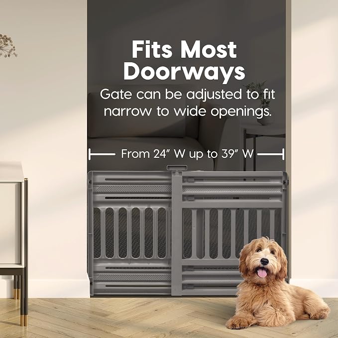 IRIS USA Pet Gate, Adjustable Width, Gray | Stair Safety, Pressure Mount System, Expandable Barrier, Walk-Through Design, One-Hand Open, No Drilling Needed