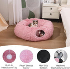 Plush Cat Tunnel Bed for Indoor Cats with Soft Cushion, Multi-Shape Play Cave with Hanging Balls, Large and Foldable Cat Donut Tunnel for Small and Large Pets (Pink)