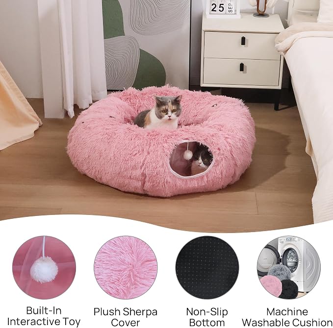 Plush Cat Tunnel Bed for Indoor Cats with Soft Cushion, Multi-Shape Play Cave with Hanging Balls, Large and Foldable Cat Donut Tunnel for Small and Large Pets (Pink)