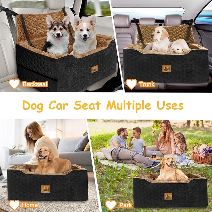 Dog Car Seat for Medium/Large Dog Booster Seat Under 60 lbs or 2 Small Dogs, Multi-Functional Pet Car Seat with Thick Cushion, 2 Safety Leashes(BlackBrown)