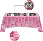 Serenity 6.9" Small Medium Elevated Wicker Pet Feeder with 2 Removable 18oz 2.2 Cup Stainless Steel Bowls Dishwasher Safe Food Water Station for Dogs Cats, Light Green DBL4000Y