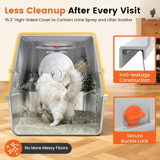 XL Stainless Steel Litter Box with Lid, Enclosed Metal Litter Box | High Sides, Urine and Litter Control, Odor Filter, Flip-Top, Easy-Clean Pan, Scoop & Step, Big Cats, Multi-Cat Homes, Black