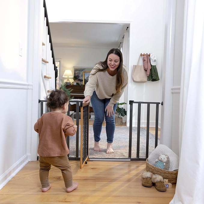 Ingenuity Ingenuity Thruway 60XW Series Extra Wide Safety Pet&Baby Gate,30"-60" Wide,26" Tall,Pressure or Hardware Mounted,Install Wall to Wall in Doorway or Stairway–Honey Oak Stained Wood&Metal