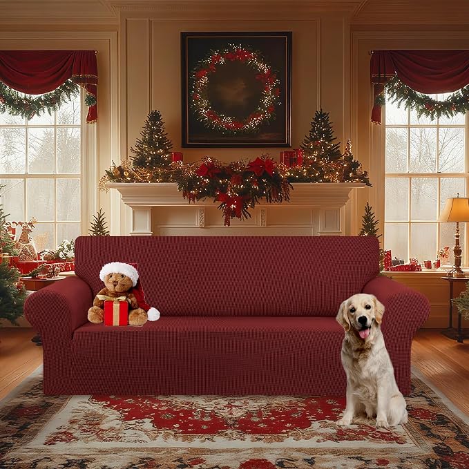 Stretch Oversized Couch Covers for Sofa Slipcover,Dark Red | 1-Piece Washable Sofa Cover (94"-110") 4-Seater Furniture Protector, Soft Jacquard Non-Slip Elastic Bottom for Dogs & Kids