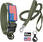 Tactical Dog Collar and Bungee Leash, Camo Military Dog Collar & Leash Set with USA American Flag Adjustable K9 Collar with Heavy Duty Metal Buckle & Handle,with Patches and Airtags Case (M, Green)