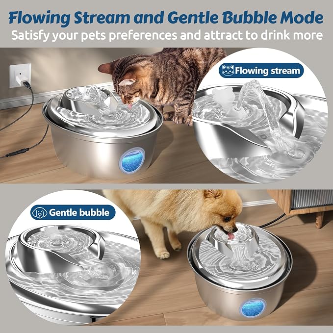 ORSDA Stainless Steel Cat Water Fountain, Automatic Pet Drinking Fountain, 100oz/3L Dog Water Dispenser with LED Water Level Window- 6 Filters +3 Pump Sponges (D66)