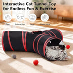 Tempcore Cat Tunnel for Indoor Cats, 3 Way Collapsible Pet Play Tunnel with Teaser Wand, Peek Holes & Hanging Ball, Interactive Tube for Kittens & Rabbits, Black & Red