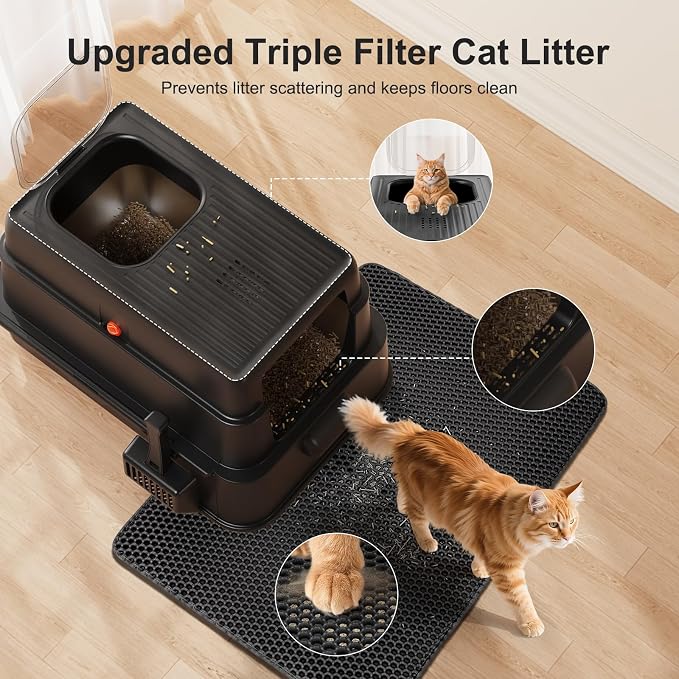 FURTIME Stainless Steel Litter Box with Lid, XL Extra Large Cat Litter Box | Enclosed Drawer Metal Litter Boxs with High Sided, Include Scoop & Mat, Front & Top Entry, Odor Free, Non-Stick