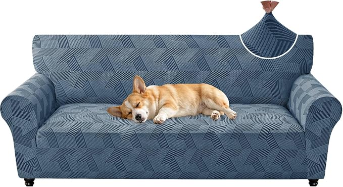 ZNSAYOTX Stretch Couch Covers for 3 Cushion Couch, 1-Piece Sofa Cover Slipcover Pet Friendly, Furniture Protector with Elastic Bottom for Dogs Geometrical Jacquard Fabric (Large, Dark Grey)