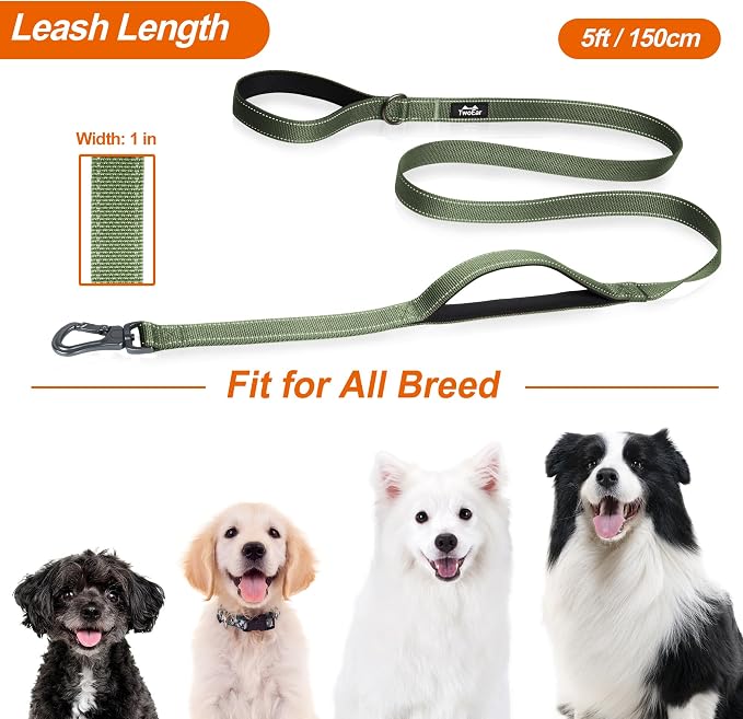 Twoear 6FT 1IN Heavy Duty Dog Leash for Large Dogs with 2 Padded Handles | Traffic Handle Extra Control, Auto Lock Hook, Strong Reflective Walking Leash for Night Safety, Medium and Large Breeds,Green