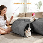 Ownpets 10" Large Cat Tunnel 3-Way U-Shape Oxford Fabric for Large Cat | Silent oxford fabric no noise, expandable 3-channel design, with plush ball ,feather wand, peek hole, for multi-cat household