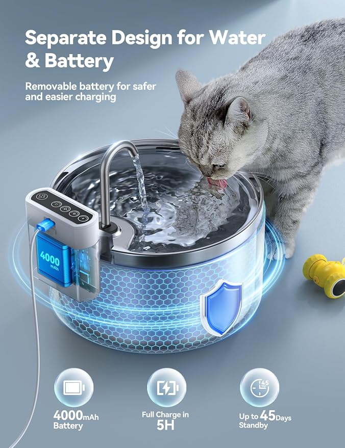 Wireless Cat Water Fountain Stainless Steel [Water & Battery Separation] FEELNEEDY Smart Pet Water Fountain, 4000mAh Battery Operated Water Fountain for Cats Dogs 3.5L/118oz + 6 Filters