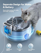 Wireless Cat Water Fountain Stainless Steel [Water & Battery Separation] FEELNEEDY Smart Pet Water Fountain, 4000mAh Battery Operated Water Fountain for Cats Dogs 3.5L/118oz + 6 Filters