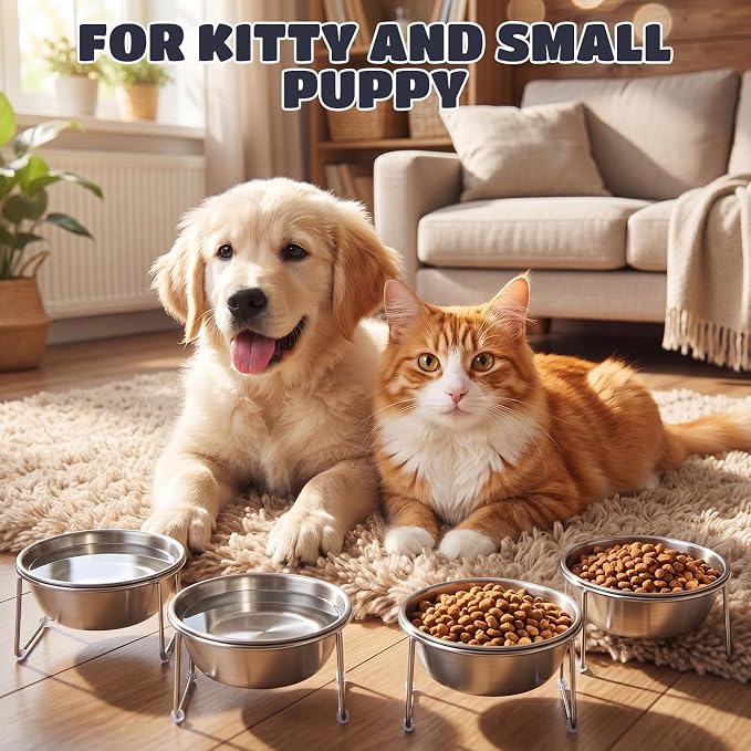 4 Pcs Elevated Cat Bowls 4.53'' Height Raised Stainless Steel Cat Food Bowls Anti-Slip 15° Tilted Stand Shallow Food and Water Dishes for Kitty and Small Puppy (Single Bowl)