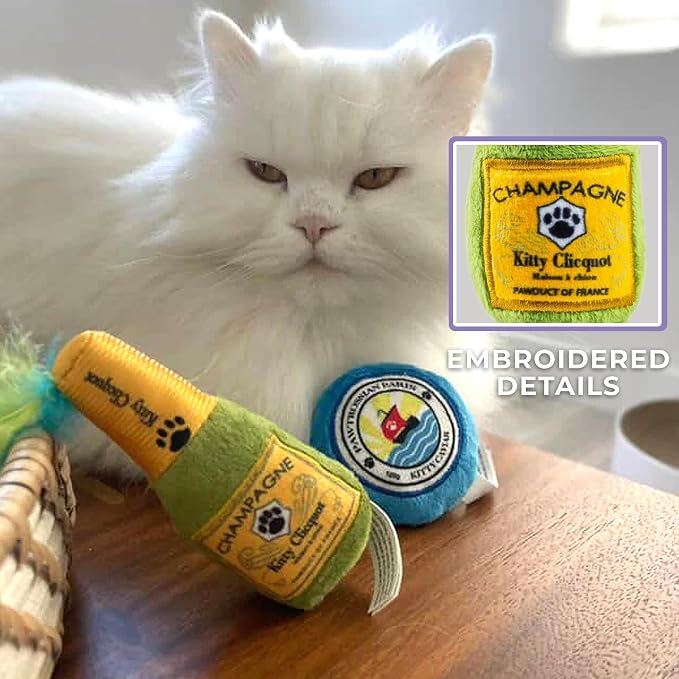 Haute Diggity Kitty Clicquot Bottle + Caviar Set, Soft Plush Cat Toys | 2 Pack Catnip Toys with Interactive Crackle & Feathers, Safe & Durable Cat Nip Kicker Toy for Outdoor & Indoor Cats & Kitten
