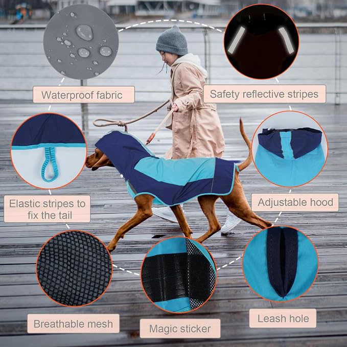 IECOii Dog Raincoats for Large Dogs,Waterproof Large Doggy Rain Jacket with Hood,Reflective Breathable Pet Rain Coat with Hood,Ideal for Adventures, Walking, Hunting in Dark,Blue,XL
