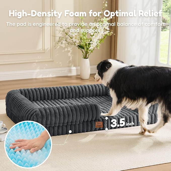 ChiXnuggle Faux Fur Orthopedic Dog Bolster Bed, Waterproof Washable Cover | rectangular dog sofa couch,egg crate foam,non-slip bottom,for extra large dogs,dark grey,41*30*7