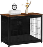 DWANTON Dog Crate Furniture with Cushion, Wooden Kennel Table with Double Doors, Indoor Dog House, Large Size, 38.5" L, Black+Rustic Brown