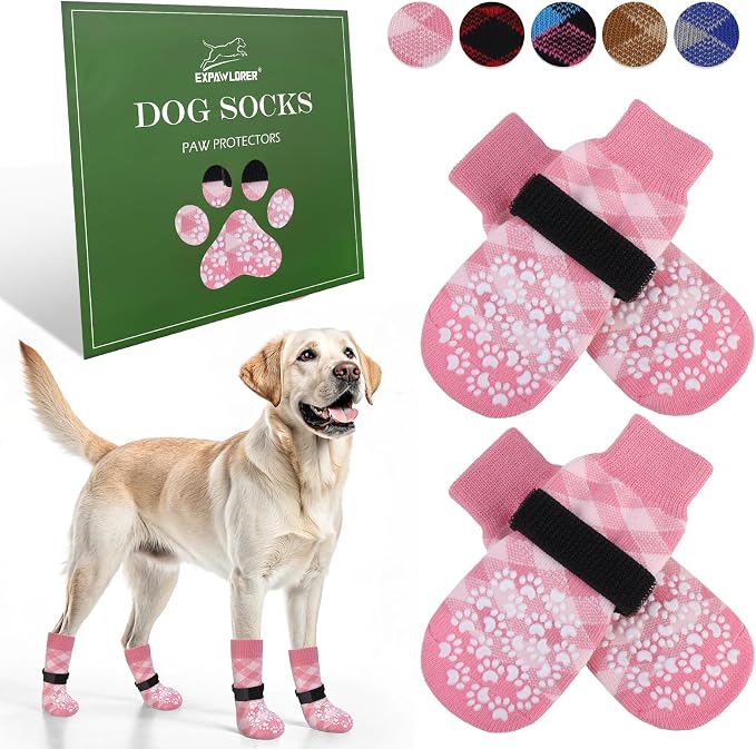 EXPAWLORER Dog Socks to Prevent Licking Paws, Dog Shoes for Hot Pavement, Anti Slip Dog Booties for Hardwood Floors, Dog Boots & Paw Protectors for Small Medium Large Senior Dogs, Pink XL