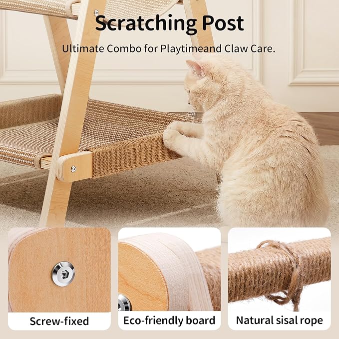 Stylish Plywood A-Frame Cat Tower, 3-Tier Perch, Sisal Scratching Board & Open Hammock, Space-Saving Movable Cat Tree Fits Most Home Styles