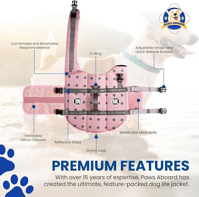 Dog Life Jacket — Premium Swim Vest with SafeChin Anti-Choke Collar | PAWS Aboard Pink | RapidLift Rescue Handle, D-Ring, Reflective Trim | Boating, Kayaking, Pool | Small (15–25 lbs)