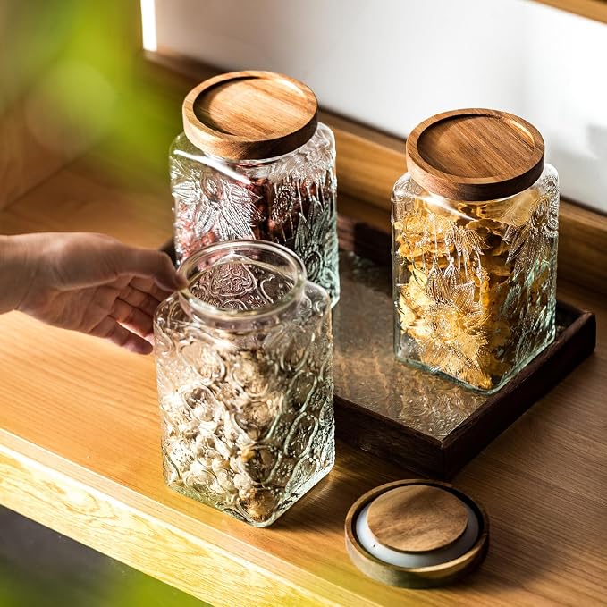 Vintage glass sealed storage jar with sealed wooden lid, Kitchen Storage glass food storage container for, coffee beans, oats, flour, cereal, food storage jar (2*plum blossom)