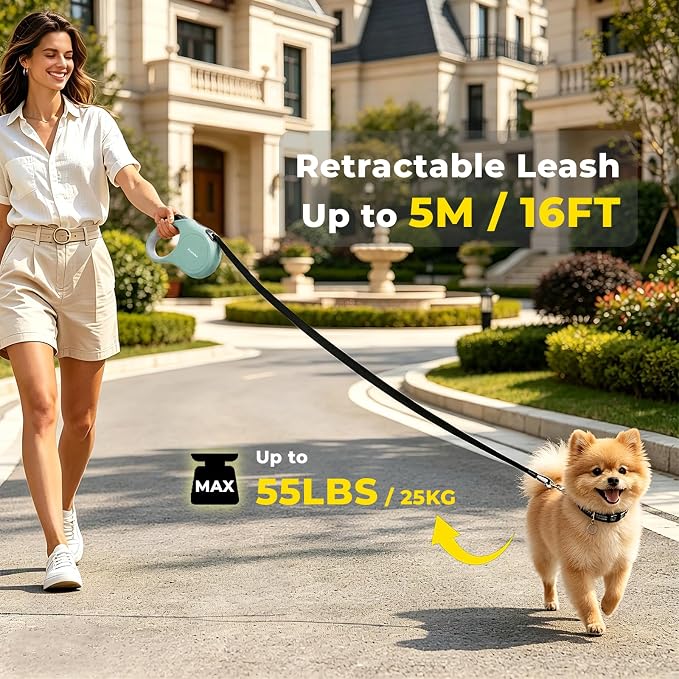Retractable Dog Leash 16 ft Extendable Leash for Small and Medium Dogs Tangle-Free Nylon Tape One-Hand Brake Lock Walking Lead Up to 55 lbs