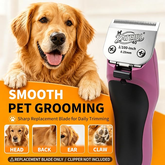 Size 40 Detachable Pet Grooming Clipper Blade with Ceramic Cutter, 0.25mm 1/100 Inch Cut Length, Silver, Compatible with Andis, Oster A5, Wahl KM10, 3 Pack