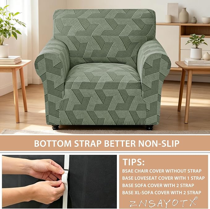 ZNSAYOTX Stretch Armchair Covers for, 1-Piece Chair Slipcovers for Living Room, Furniture Protector with Elastic Bottom for Dogs Cats Kids Geometrical Jacquard Fabric (Small, Army Green)