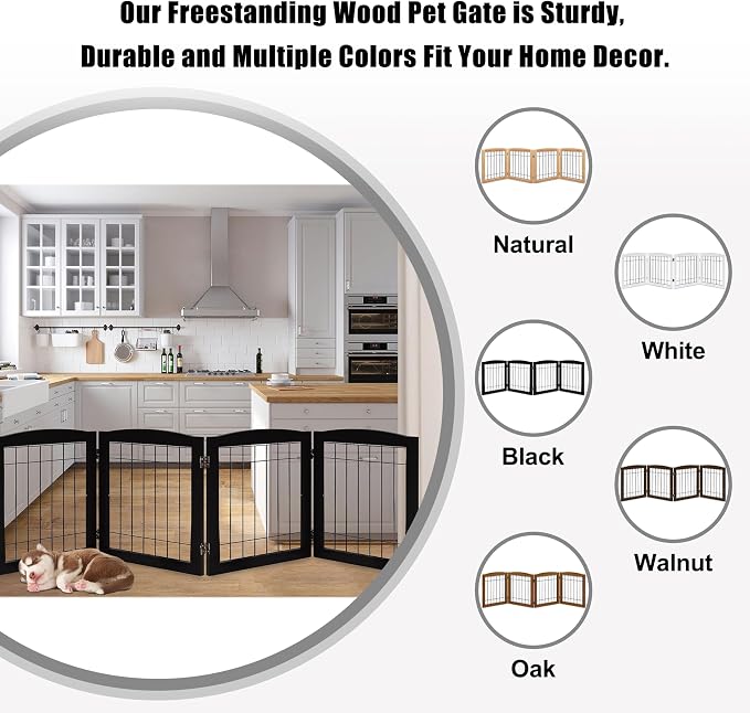 LZRS 4-Panel Extra-Wide Wooden Freestanding Dog Gate: Foldable Solid Wood and Steel Wire Chew Resistant Safety Barrier for Doorways, Stairs, and Large Open Spaces Indoor Use, Black