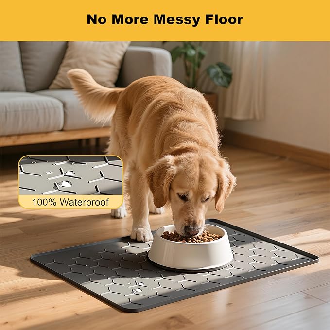 Pieviev Silicone Dog Cat Food Bowl Mat, Waterproof Raised Edge, 24'' x 16'' | Food-Grade Bpa-Free Pet Food Mat, Waterproof & Non-Slip, Raised Edges Contains Spills & Drips, Fits Pet Bowls and Fountains