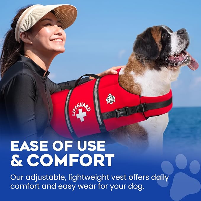 Dog Life Jacket - Swimming Vest for Dogs, Adjustable, Reflective, Comfortable, Multiple Colors, Patterns, XX-Small to Extra Large Dog Swim Vest with Handle (Red, Large)